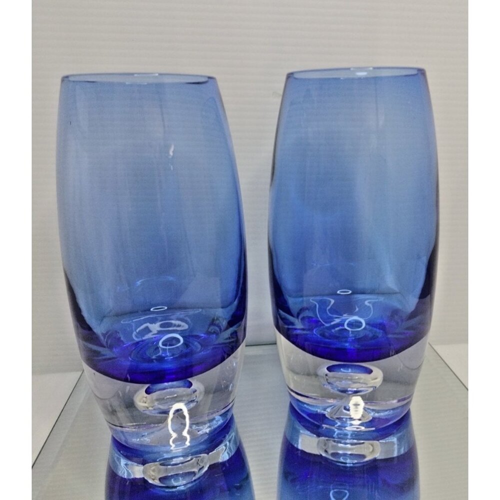 2 Krosno Cobalt Blue Vase With Clear Bubble Base Art Glass With Label 6" Poland
